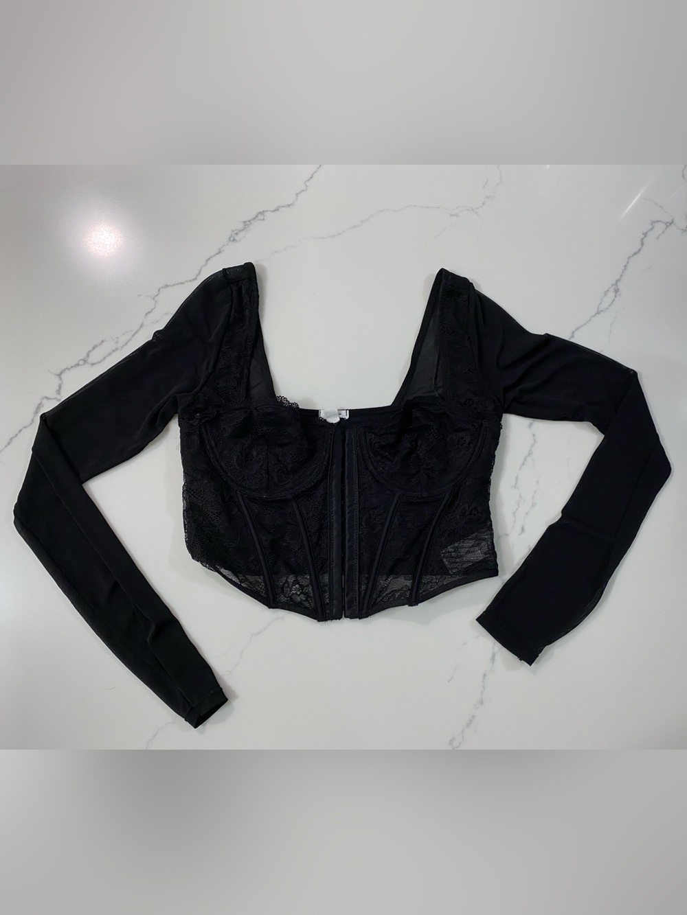 Garage Black Lace Long-Sleeve Corset Top
